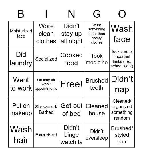 Mental Health Bingo Card