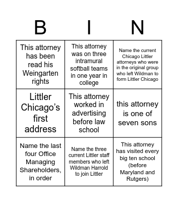 Littler Chicago BONUS Bingo Card