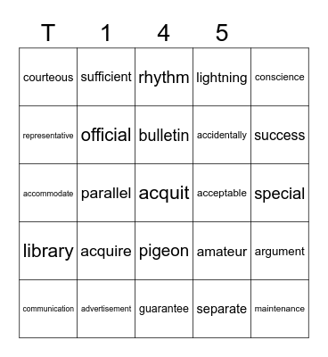 Teal 145 Bingo Card