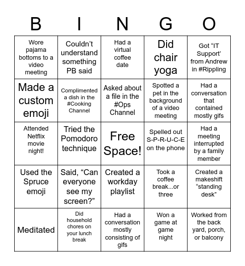 Spruce Remote Work Bingo Card