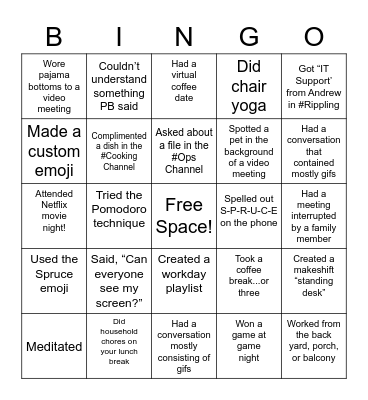 Spruce Remote Work Bingo Card