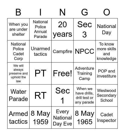 Westwood NPCC Bingo Card