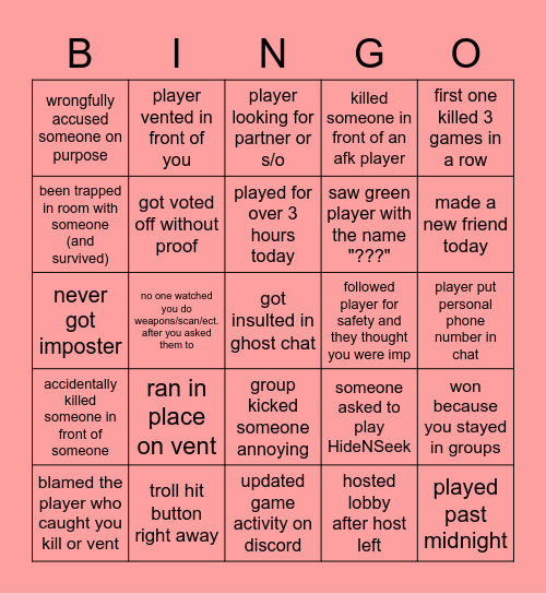 Among Us A Bingo Card