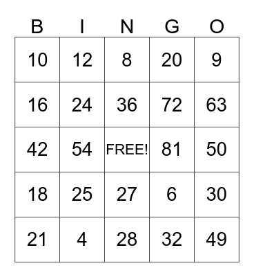 Multiplication Bingo Card