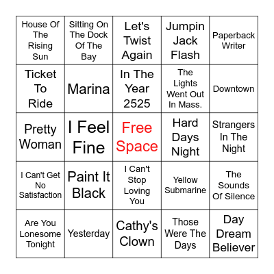 1960's Top Hits Bingo Card