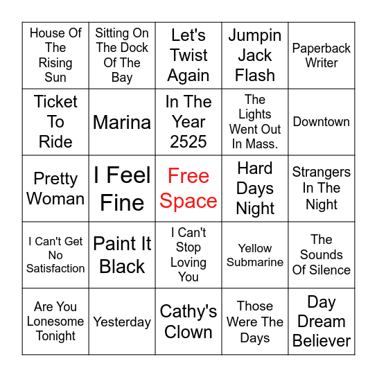 1960's Top Hits Bingo Card
