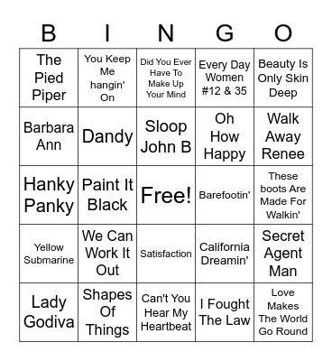 Mid 60s Hits Bingo Card