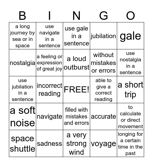 Word of the Week Bingo Card