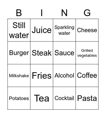 Restaurant Bingo Card