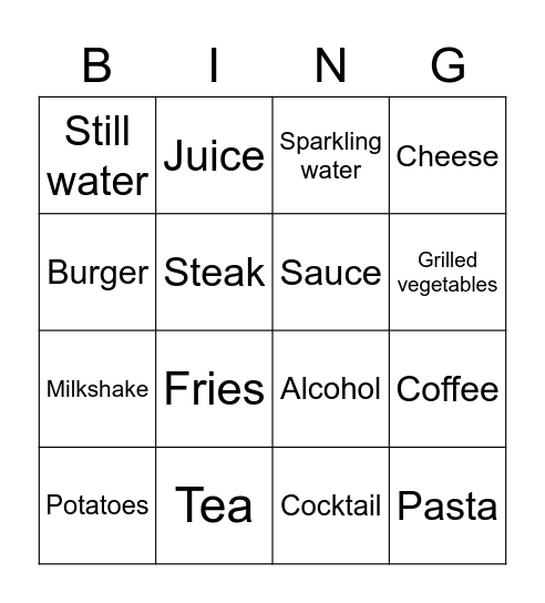 Restaurant Bingo Card