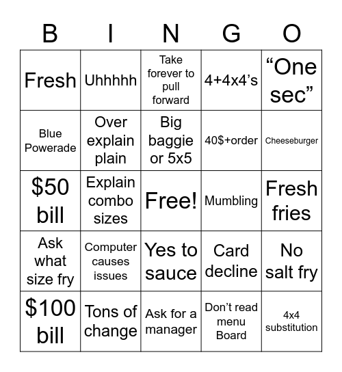 Wendy’s bingo Card