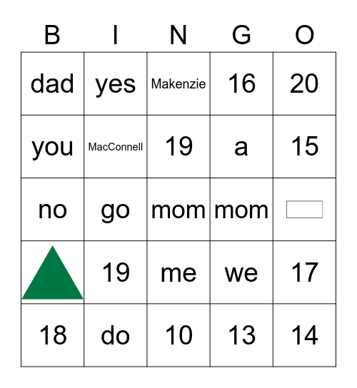 Numbers 1-20 Bingo Card