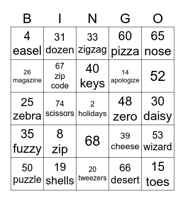/Z/ Bingo Card