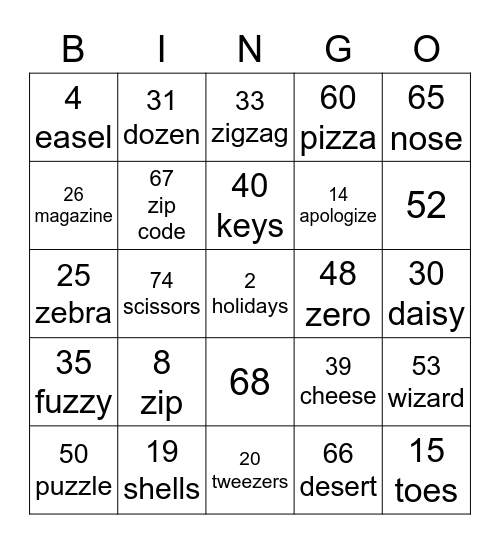 /Z/ Bingo Card