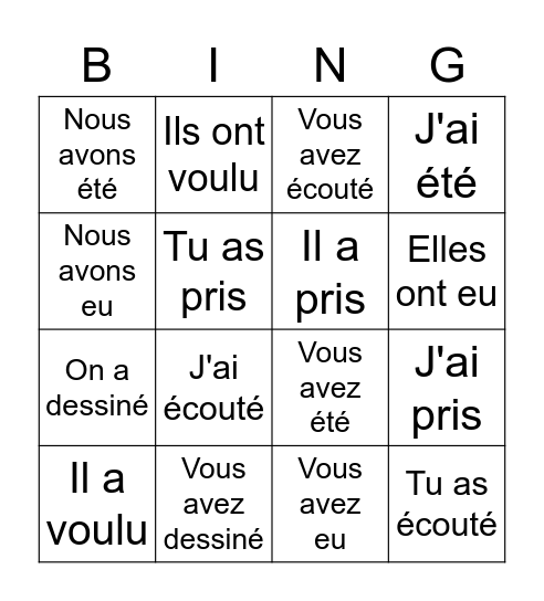 Le passé composé Bingo Card