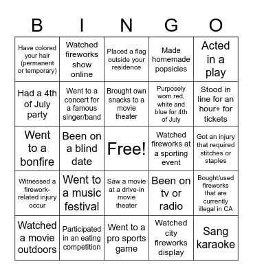 Fourth of July and Random Bingo Card