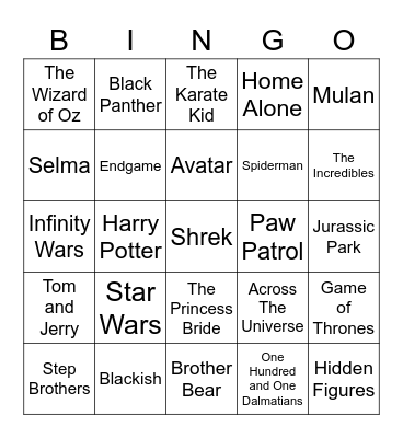 Movies and TV Bingo Card