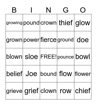 oe, ie, ow, ou Bingo Card