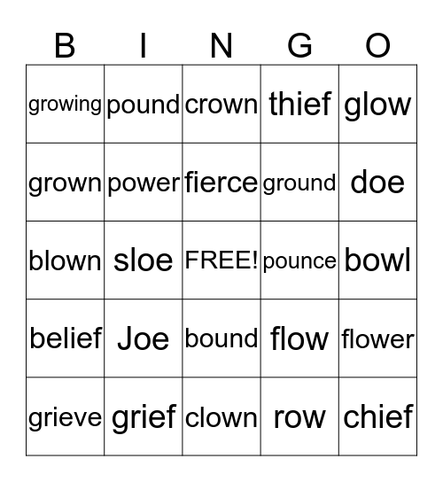 oe, ie, ow, ou Bingo Card