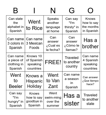 Bienvenidos a la clase de español Bingo Card