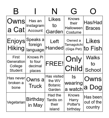 WVU EnvironMentors Bingo Card