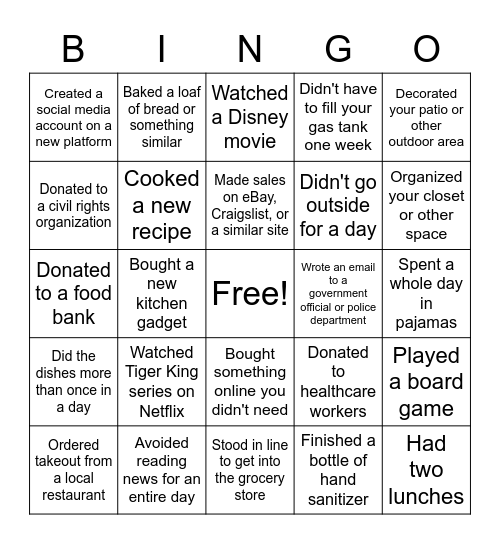 Quarantine Bingo Card