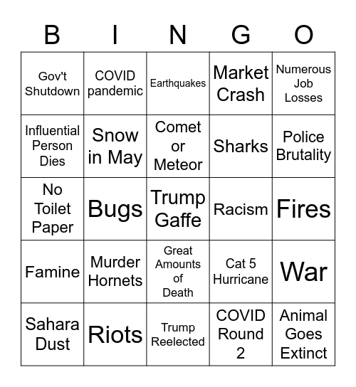 2020 Sucks Bingo Card