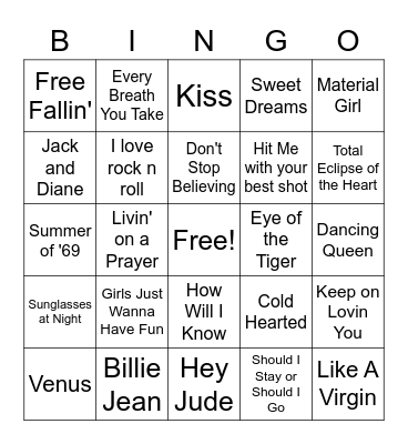80's Song Bingo Card