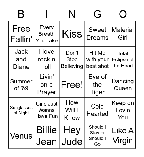 80's Song Bingo Card