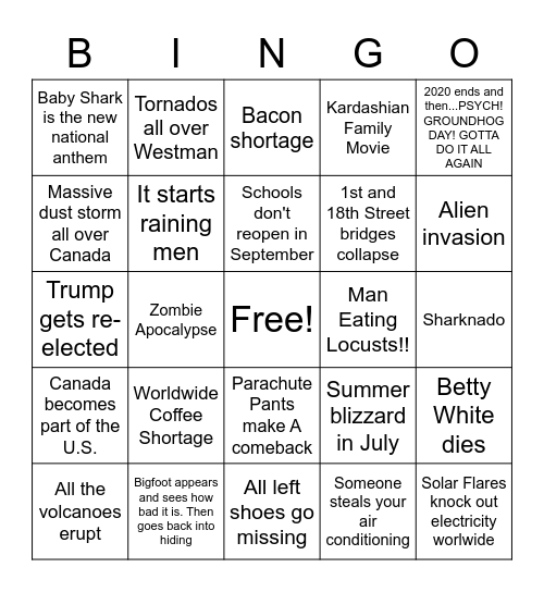 Things That Will Make 2020 Worse! Bingo Card