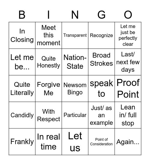 Newsom at Noon Bingo Card