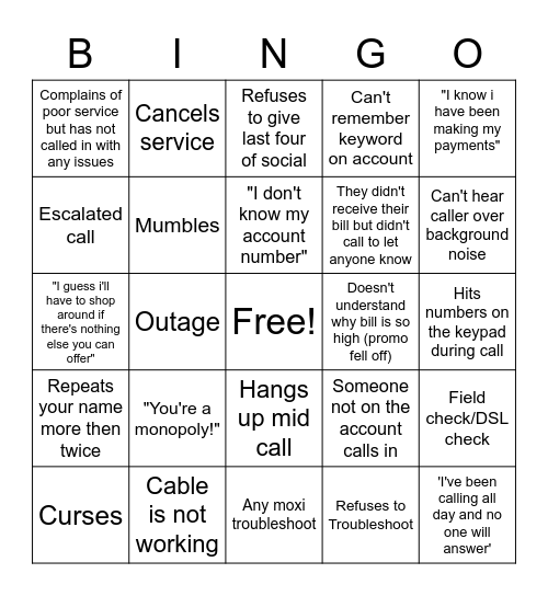 Customer pet peeves Bingo Card