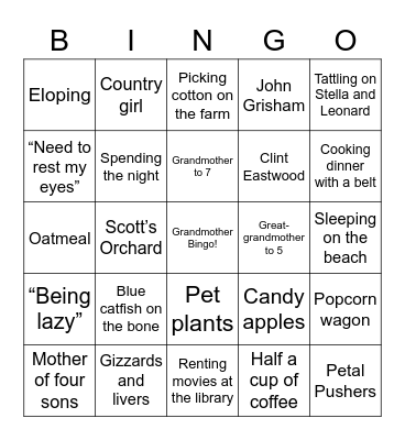 Grandmother Bingo! Bingo Card