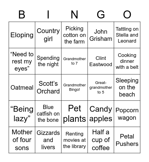 Grandmother Bingo! Bingo Card