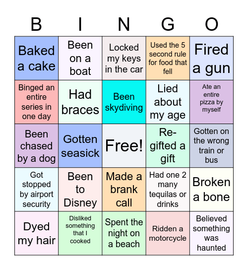 Never have I ever Bingo Card