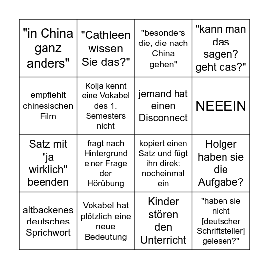 Chinesisch Bingo Card