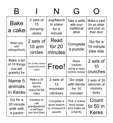 SAYfit Summer Program Bingo Card