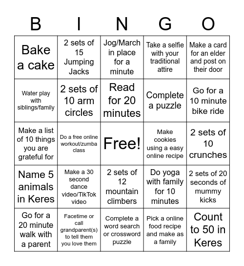 SAYfit Summer Program Bingo Card