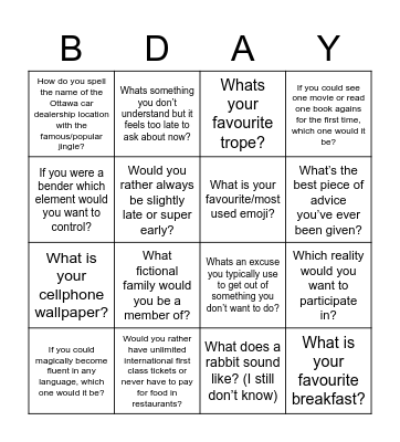 A silly bday BINGO Card