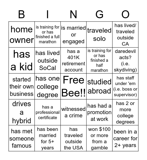 VHS 10 year Reunion Bingo Card