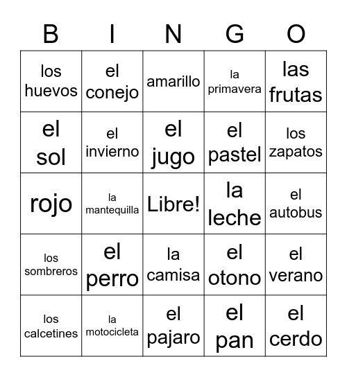 Spanish Bingo!!! Bingo Card