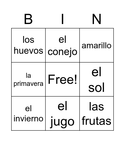 Spanish Bingo!!! Bingo Card