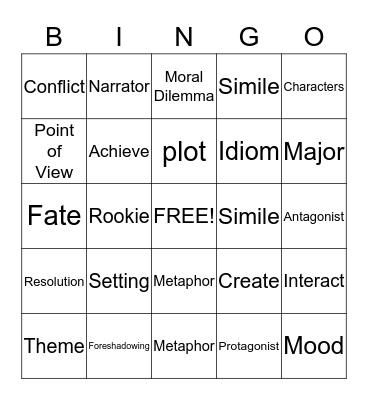 Short Story Vocabulary Bingo Card