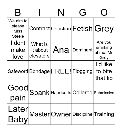 50 Shades Of Grey Bingo Card