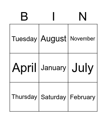 Days and Months Bingo Card
