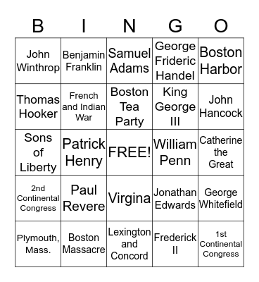 Wars of Indepence Bingo Card