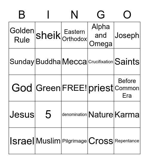 Religion Bingo Card