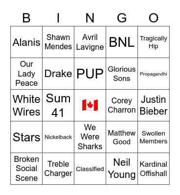 OH Canada Playlist BINGO Card