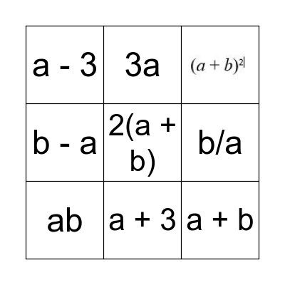 Algebra Bingo Card