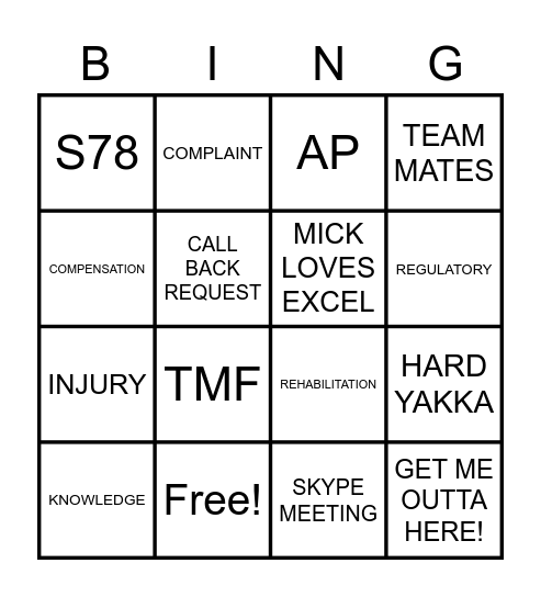 WORKERS COMP Bingo Card